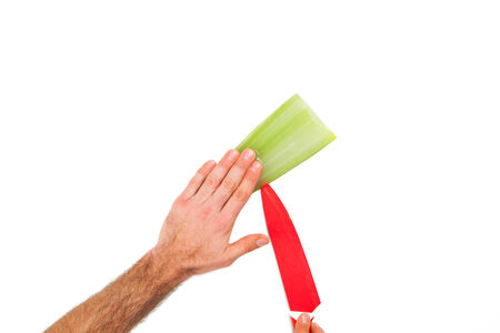 Close up of hands cutting aloe vera with a knife, isolated on white.の写真素材
