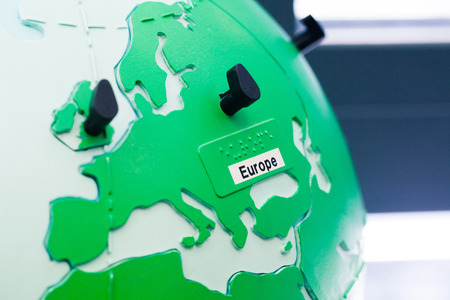 Close up of world map globe with focus in Europe.の写真素材