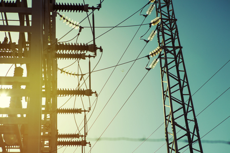 Power electric transformer station close up detail, vintage tone.