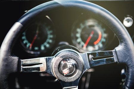 Benalmadena, Spain - June 21, 2015: Steering wheel detail of Chevrolet Corvette C3, in Benalmadena (Spain), on June 21, 2015.のeditorial素材