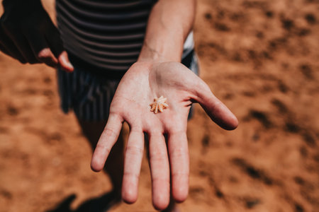 Woman holding a small shell in the hand at the coast line.