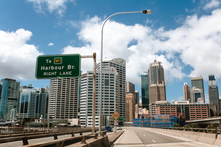 Sydney, Australia - February 26, 2017: Part of the Sydney skiline during a road trip in Sydney City,...