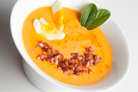 Bowl of salmorejo, a creamy tomato soupの写真素材