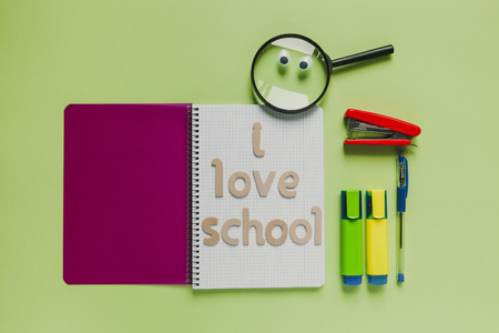 I love school letters and concept, on green background.の写真素材