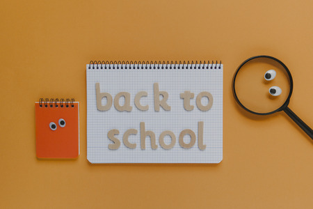 Back to school lettering on a notebook, with animated objects. Orange background.の写真素材