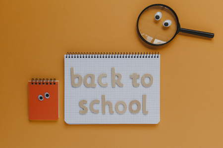 Back to school lettering on a notebook, with animated objects. Orange background.の写真素材