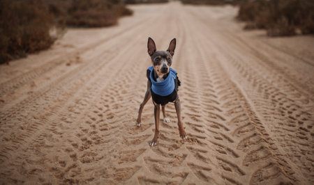 dog, pincher, beach, mini, happy, brown, animal, pinscher, sand, pet, breed, cute, miniature, young, concept, outdoors, small, countrysideの写真素材