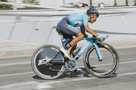 MALAGA, SPAIN - August 25th, 2018: Nairo Quintana from Movistar Cycling Team, training before first stage of La Vuelta 2018 in the city of Malaga, Spain.のeditorial素材