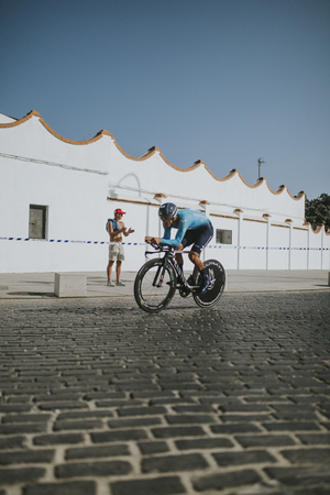 MALAGA, SPAIN - August 25th, 2018: Andrey Amador, from Movistar Cycling Team, during first stage of La Vuelta 2018 in the city of Malaga, Spain.のeditorial素材
