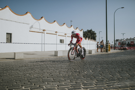 MALAGA, SPAIN - August 25th, 2018: LoÃ¯c Chetout, from Cofidis Cycling Team, during first stage of La Vuelta 2018 in the city of Malaga, Spain.のeditorial素材