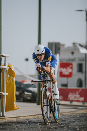 MALAGA, SPAIN - August 25th, 2018: Laurens De Plus, from Quick-Step Floors Cycling Team, during first stage of La Vuelta 2018 in the city of Malaga, Spain.のeditorial素材