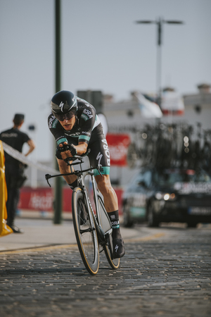 MALAGA, SPAIN - August 25th, 2018: Lukas PÃ¶stlberger, from Bora-Hansgrohe Cycling Team, during first stage of La Vuelta 2018 in the city of Malaga, Spain.のeditorial素材