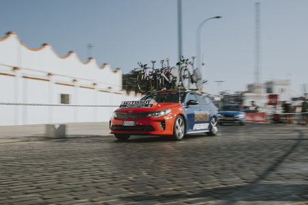MALAGA, SPAIN - August 25th, 2018: Franco Pellizotti assistance car, from Bahrain Merida Cycling Team, during first stage of La Vuelta 2018 in the city of Malaga, Spain.のeditorial素材