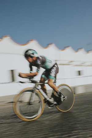 MALAGA, SPAIN - August 25th, 2018: Jay Mc Carthy, from Bora Hansgrohe Cycling Team, during first stage of La Vuelta 2018 in the city of Malaga, Spain.のeditorial素材