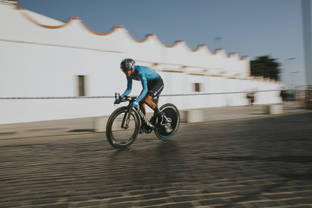 MALAGA, SPAIN - August 25th, 2018: Richard Carapaz, from Movistar Cycling Team, during first stage of La Vuelta 2018 in the city of Malaga, Spain.のeditorial素材