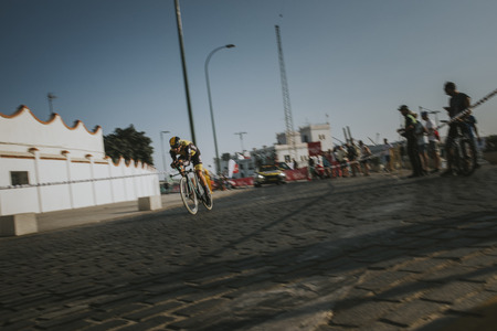 MALAGA, SPAIN - August 25th, 2018: Danny Van Poppel, from Lotto NL-Jumbo Cycling Team, during first stage of La Vuelta 2018 in the city of Malaga, Spain.のeditorial素材