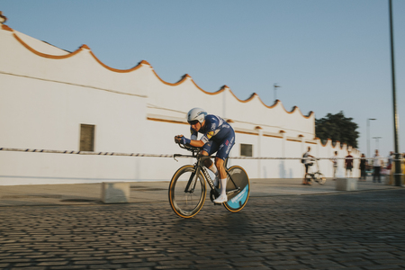 MALAGA, SPAIN - August 25th, 2018: Elia Viviani, from Quick-Step Floors Cycling Team, during first stage of La Vuelta 2018 in the city of Malaga, Spain.のeditorial素材