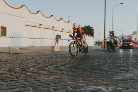 MALAGA, SPAIN - August 25th, 2018: Vincenzo Nibali, from Bahrain Merida Cyclint Team, during first stage of La Vuelta 2018 in the city of Malaga, Spain.のeditorial素材