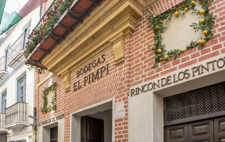 MALAGA, SPAIN - September 2nd, 2018: Facade of the famous restaurant El Pimpi, in the city center of Malaga, Spain.のeditorial素材