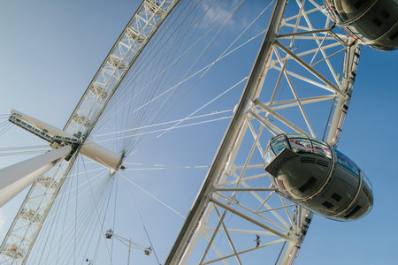 LONDON, ENGLAND - 25th October, 2018: London Eye cabins detail, with blue sky background, in a sunny day in London, United Kingdom.のeditorial素材