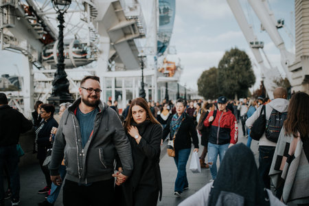 LONDON, ENGLAND - 25th October, 2018: Young couple walking inside the crowd across The Queen's Walk,...