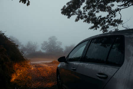 Asturias, Spain - September 9th 2020: Side view of Volkswagen Golf VII with lights on being driven by a mountain path, with misty light, and entering into the forest, in Asturias mountain range, Spain.のeditorial素材
