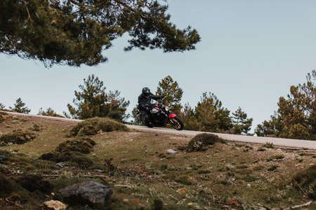 Calar Alto, Spain - May 5th 2021: Man riding a Yamaha XSR700 motorcycle in a high mountain landscape, during Dunlop Xperience event in AlmerÃ­a, Spain.のeditorial素材