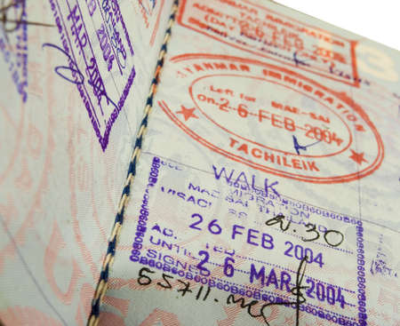  close up of visas in a us passportの写真素材