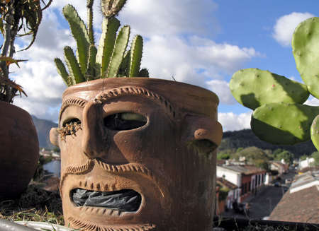  funy face pot with cacti and antigue streets backgroundの写真素材