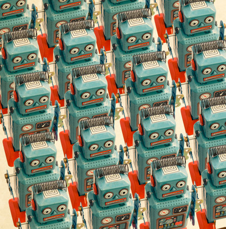 a large group of retro robots