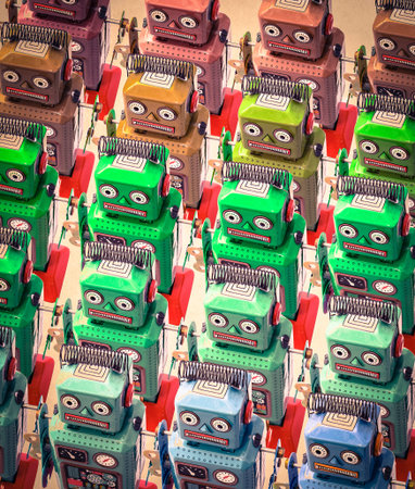 a large group of retro robots