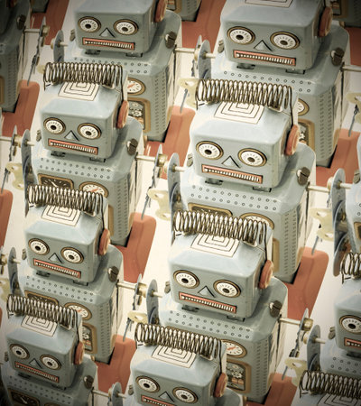 a large group of retro robots