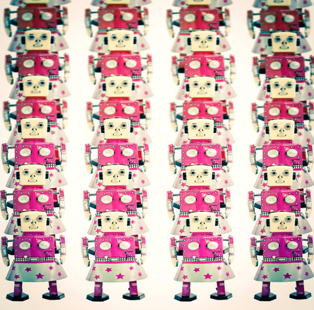 a large group of retro robots