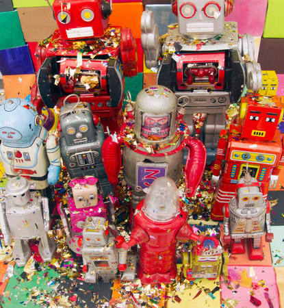 Happy robots having fun togetherの写真素材