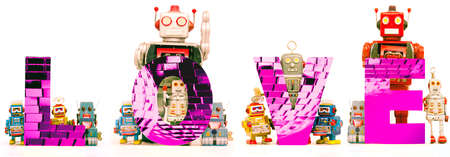 The word LOVE with vintage robot toysの写真素材