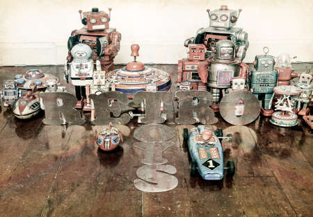 vintage toys on a wooden floor with reflectionの写真素材