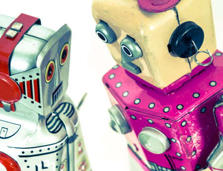 two robot toys talk  macro imageの写真素材