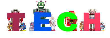 retro tin robot toys hold up the word  TECH isolated on whiteの写真素材