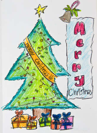 kids Merry Cristmass card  made with color penciles tree and gifts  detailの写真素材
