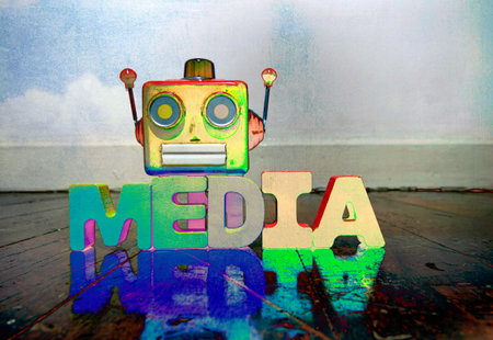 red robot head on wooden letters that say MEDIA   on an old wooden floor