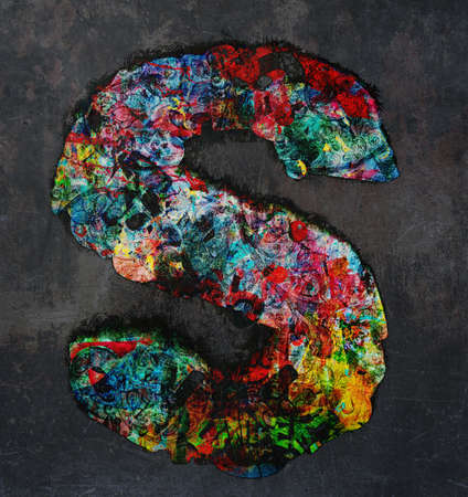 lots of small wooden letters to make up the letter A  graffiti style on a dark textured backgroundの写真素材