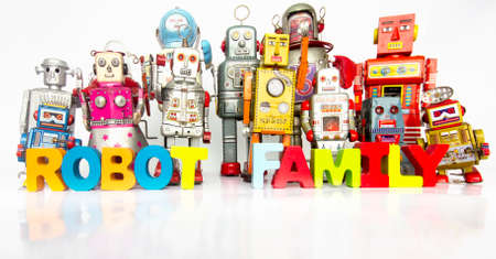 Big Family of robots with thw words ROBOT FAMILY  with wooden lettersの写真素材