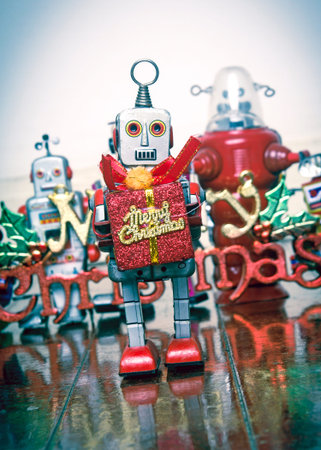 retro robots  with gifts on a old wooden floor  with reflection
