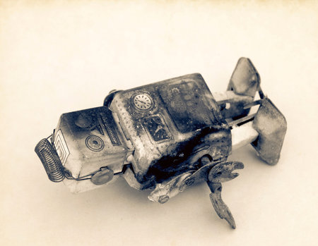 unhappy and beaten robot in  toned monochrome