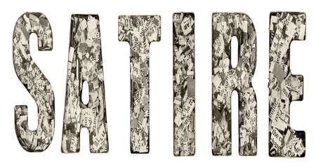 the word  SATIRE made up of lots of cut up newspaper  isolatedの写真素材