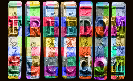 the word FREEDOME with old typewriter hammers  in rainbow colorの写真素材