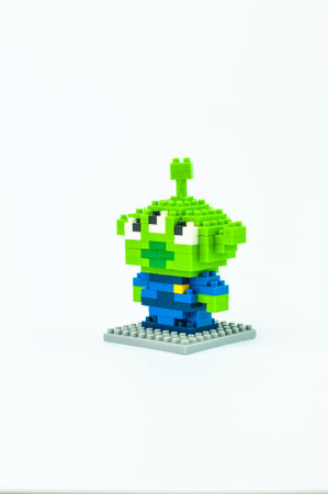 BANGKOK, THAILAND - MAY 12, 2017 :  TOY STORY LITTLE GREEN MAN ALIEN Micro Blocks in Isolated White...