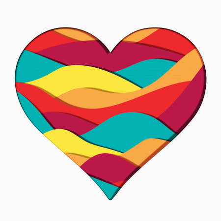 Multiples Layer of Wavy Cut Different Color Papers Stack Inside a Heart Shape Cut White Paperの写真素材