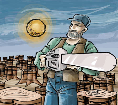 woodcutter in a destroyed forestの写真素材