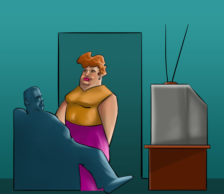 man and a woman in a room with a tv lightの写真素材